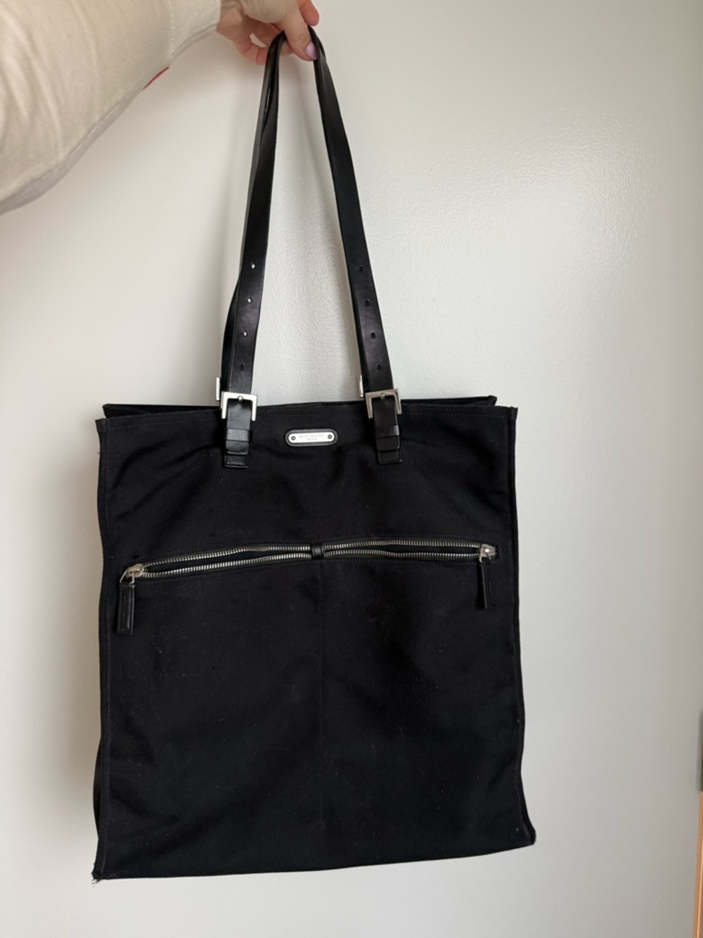 Saint Laurent Black Canvas Tote with Front Zip Pocket and Leather Straps